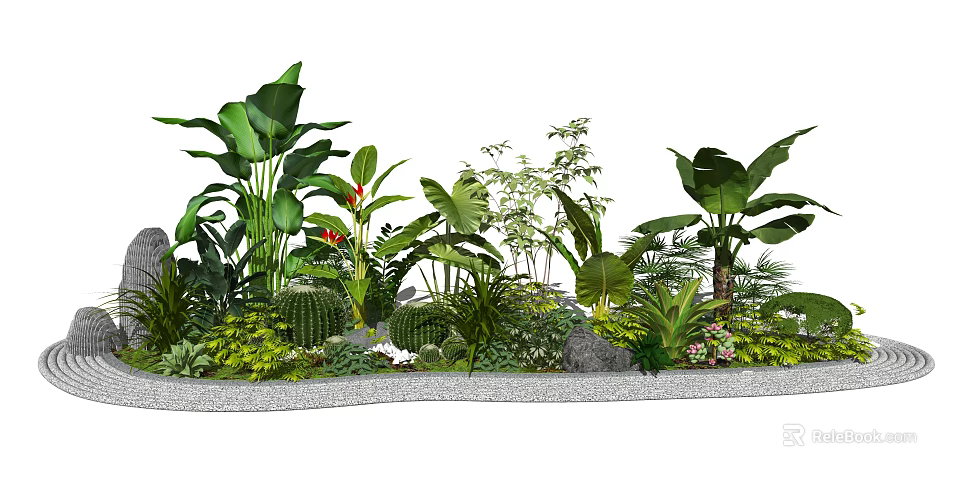 Lush Garden Ornament With Various Green Plants Large Leaves Cactus Stones And Gray Border 3d model 