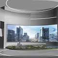 Modern Enterprise Exhibition Hall With Circular Display Platform City Model Green Area And Large Curved Screen