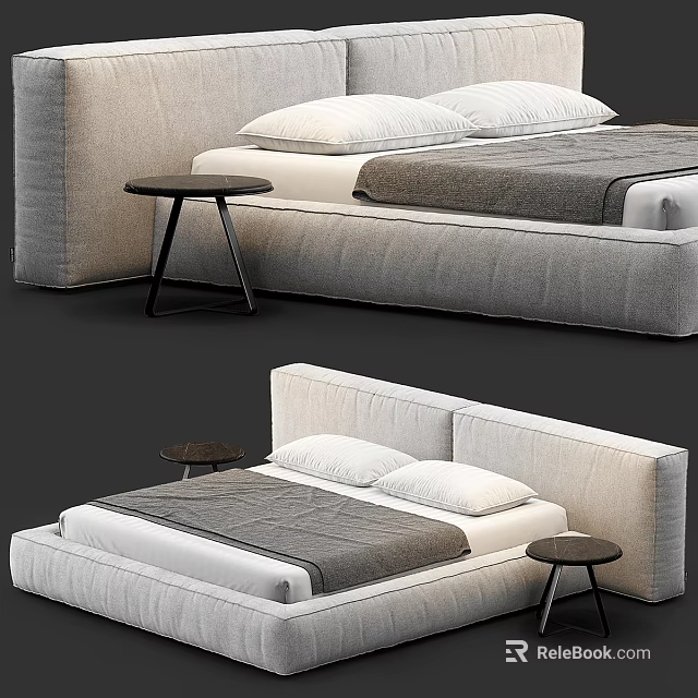 Modern Minimalist Double Bed With Linen Upholstery Soft Bedding And Side Tables 3d model 