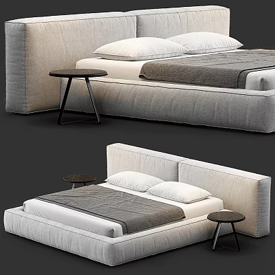 Modern Minimalist Double Bed With Linen Upholstery Soft Bedding And Side Tables 3d model