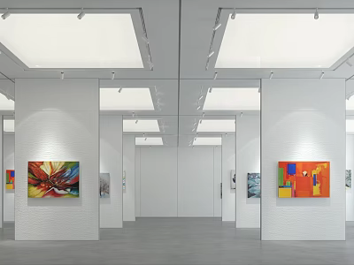 Contemporary Art Exhibition In White Gallery With Colorful Paintings And Modern Lighting 3d model