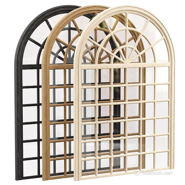 Arched Lattice Windows In Black Natural Light Wood Finishes With Grid Design For Home Decor 3d model 