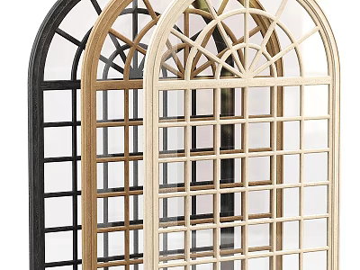 Arched Lattice Windows In Black Natural Light Wood Finishes With Grid Design For Home Decor 3d model