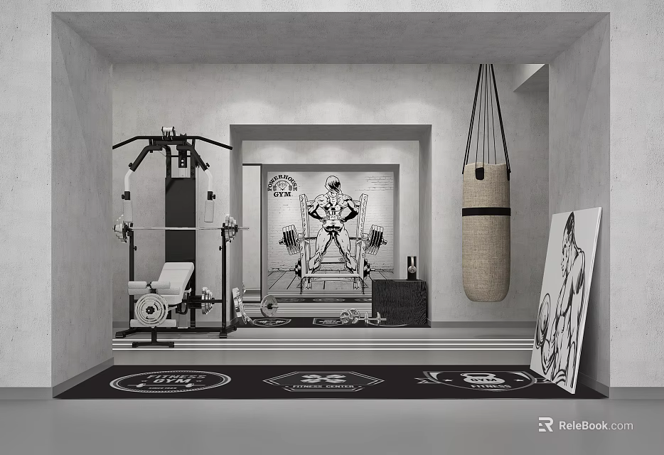 Modern Fitness Gym Interior Featuring Training Equipment Punching Bag Exercise Mats And Motivational Posters 3d model 