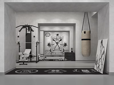 Modern Fitness Gym Interior Featuring Training Equipment Punching Bag Exercise Mats And Motivational Posters 3d model