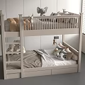 Modern Light Colored Bunk Bed In Kids Room With Storage Drawers Stuffed Toys And Bedding
