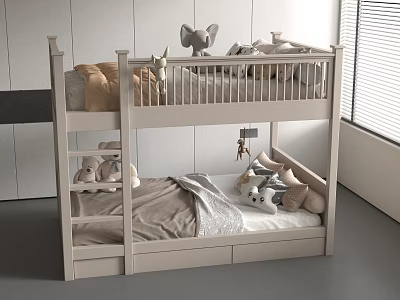 Modern Light Colored Bunk Bed In Kids Room With Storage Drawers Stuffed Toys And Bedding 3d model