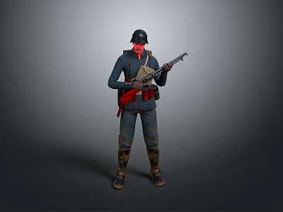 Militant Character In Dark Uniform With Red Gear Holding Rifle On Gray Background 3d model