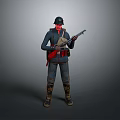 Militant Character In Dark Uniform With Red Gear Holding Rifle On Gray Background