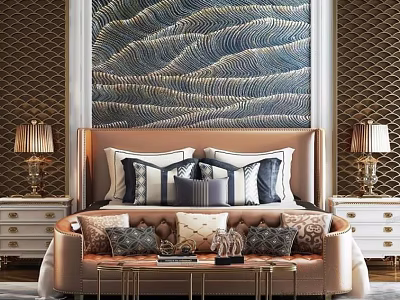 Elegant Bedroom Interior With Double Bed In Background Wave Pattern Wall And Decorative Pillows 3d model
