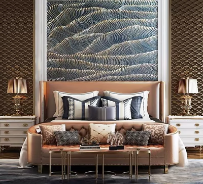 Elegant Bedroom Interior With Double Bed In Background Wave Pattern Wall And Decorative Pillows 3d model