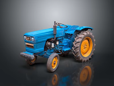 Blue Tractor With Yellow Wheels And Classic Design On Dark Background 3d model
