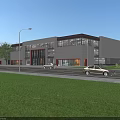 Modern Office Building Exterior With Glass Facade Green Lawn And Parked Cars