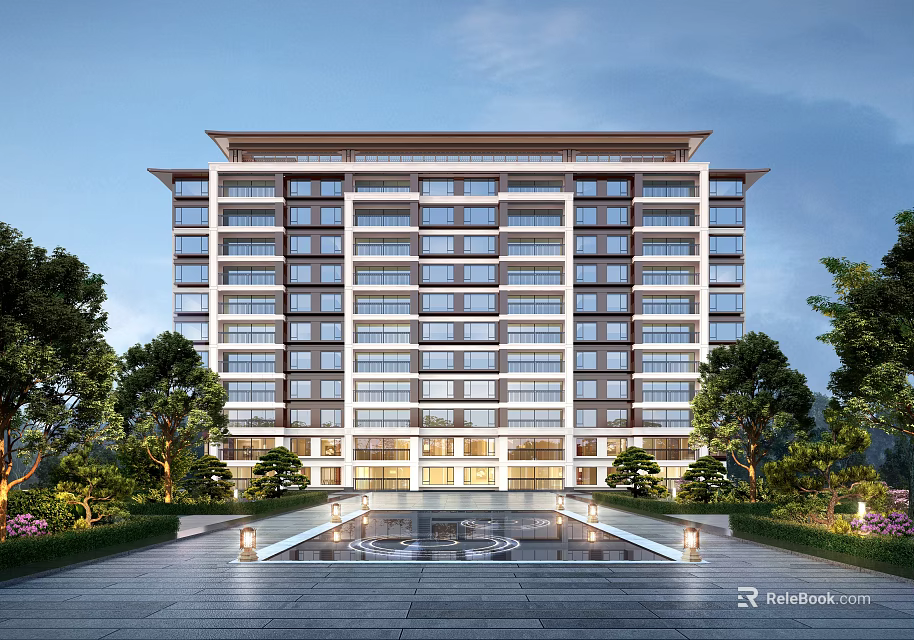 Modern High Rise Building Exterior With Lush Greenery And Reflection Pool 3d model