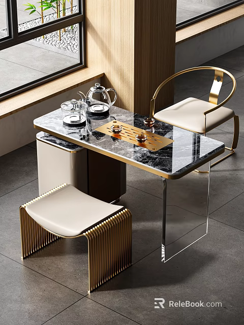 Elegant Modern Tea Table And Chairs With Marble Top Golden Frame And Leather Seats 3d model 