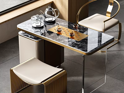Elegant Modern Tea Table And Chairs With Marble Top Golden Frame And Leather Seats 3d model