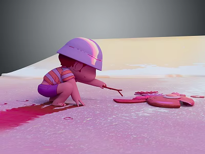 Man in Pink Hard Hat Squatting and Pointing at Pink Paint with Flower Petals on Ground 3d model