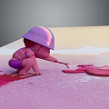 Man in Pink Hard Hat Squatting and Pointing at Pink Paint with Flower Petals on Ground