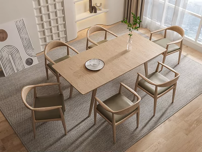 Wooden Dining Table Set with Six Upholstered Chairs Natural Wood Finish Indoor Home Design 3d model
