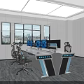 Modern Monitoring Room Interior With Multiple Control Desks And Digital Screens
