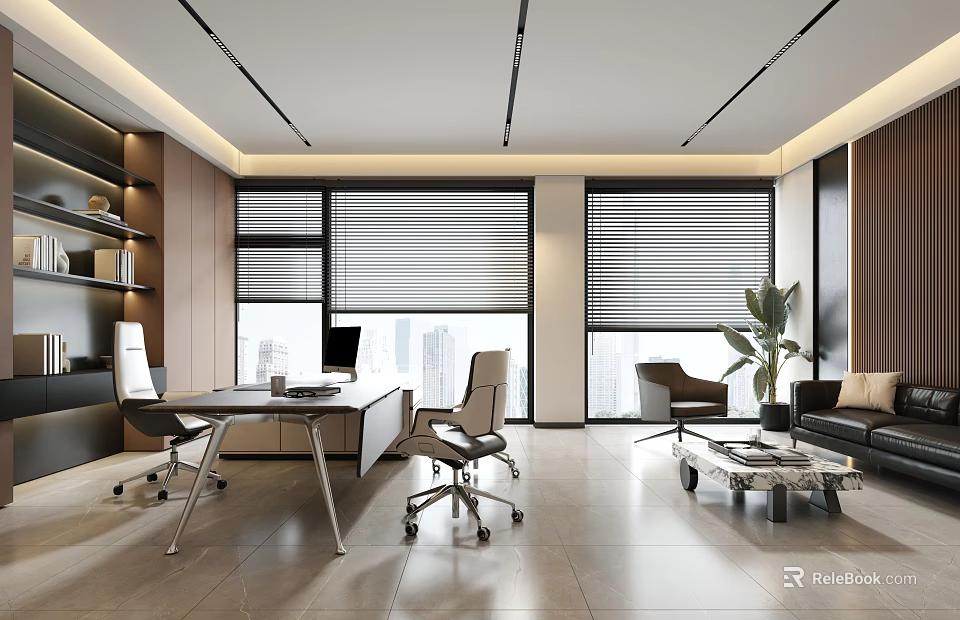Modern Office Interior With Desk Office Chairs Sofa Coffee Table Plant Large Windows And Blinds 3d model 
