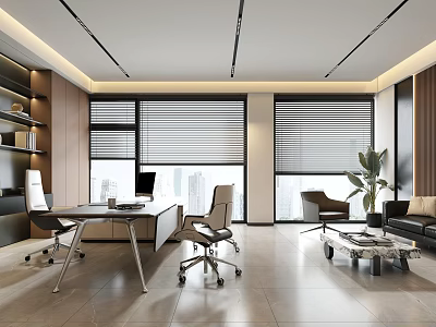 Modern Office Interior With Desk Office Chairs Sofa Coffee Table Plant Large Windows And Blinds 3d model