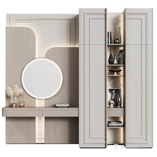 Modern Light Luxury Chest Of Drawers With Round LED Mirror And Multi Functional Storage Shelves 3d model 