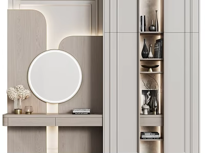 Modern Light Luxury Chest Of Drawers With Round LED Mirror And Multi Functional Storage Shelves 3d model
