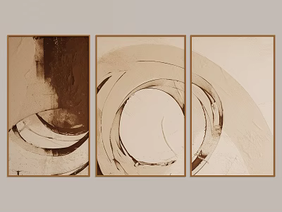 Three Abstract Paintings in Brown Beige Tones with Wooden Frames Featuring Curved Spiral Patterns 3d model