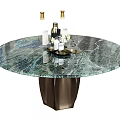 Elegant Round Dining Table with Marble Top and Bronze Base Featuring Wine Bottles on Tray 3d model