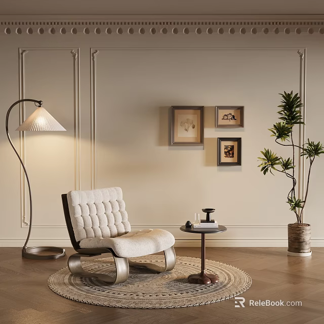 White Upholstered Leisure Chair With Floor Lamp Side Table Potted Plant And Decorative Panel Walls 3d model 
