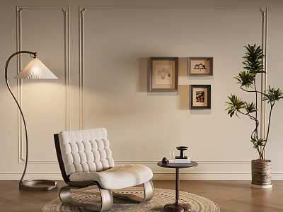 White Upholstered Leisure Chair With Floor Lamp Side Table Potted Plant And Decorative Panel Walls 3d model