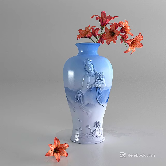 Elegant Blue and White Vase with Carved Figure Design and Orange Flowers 3d model 