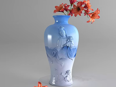 Elegant Blue and White Vase with Carved Figure Design and Orange Flowers 3d model