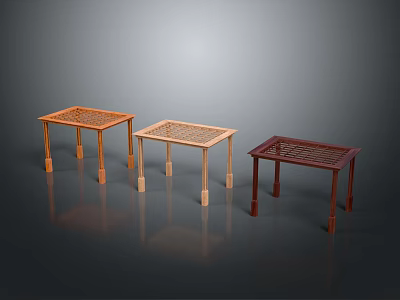 Three Various Colored Wooden Coffee Tables with Lattice Design and Square Legs 3d model