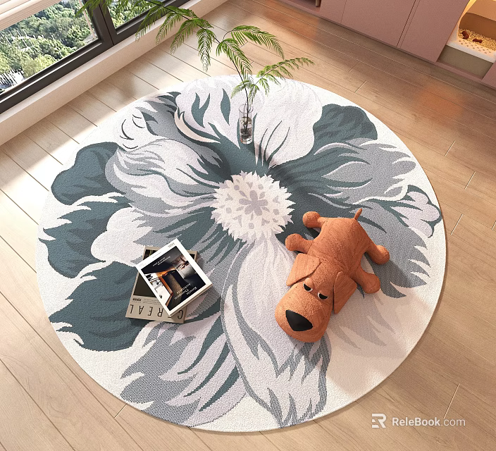 Blue And White Floral Pattern Round Rug With Plush Toy Dog And Magazine On Wooden Floor 3d model 