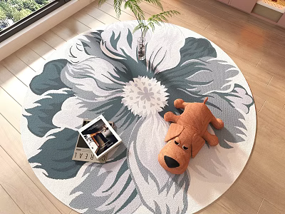 Blue And White Floral Pattern Round Rug With Plush Toy Dog And Magazine On Wooden Floor 3d model