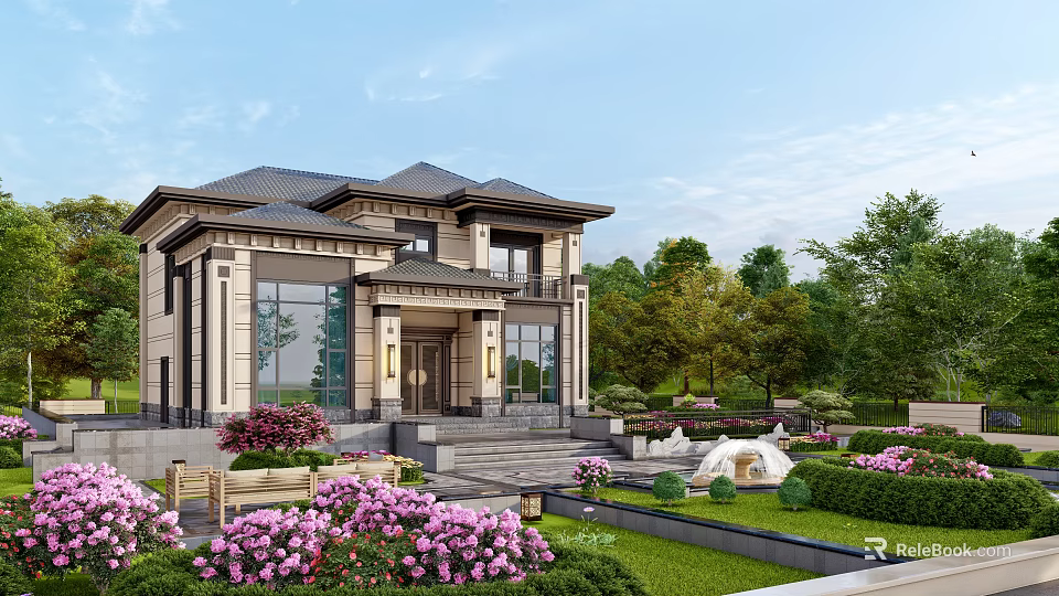 Stunning Detached Villa Exterior Design With Lush Garden Colorful Flowers And Greenery 3d model 