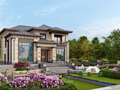 Stunning Detached Villa Exterior Design With Lush Garden Colorful Flowers And Greenery 3d model