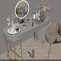 Stylish Modern Dressing Table With Round Mirror Cosmetics Fresh Flowers And Upholstered Chair
