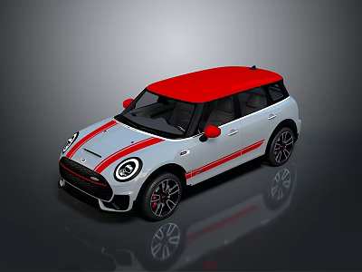 Stylish White Compact Car With Red Roof And Sporty Red Stripes Design 3d model