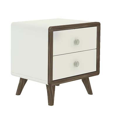 White Modern Bedside Table With Two Drawers Dark Brown Wooden Fronts And Round Knobs 3d model