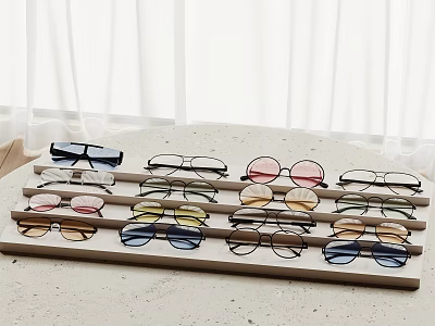 Stylish Sunglasses With Various Styles And Colors Displayed On Tray 3d model