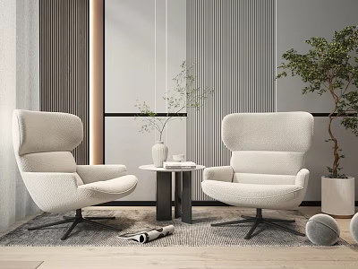Casual Sofa Set With Ivory Armchairs Round Side Table And Potted Plants 3d model