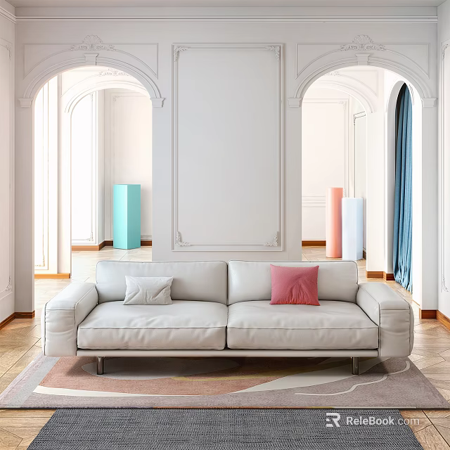White Sectional Sofa With Light Gray And Pink Cushions Arched Doorways Wooden Floor Geometric Rug 3d model 