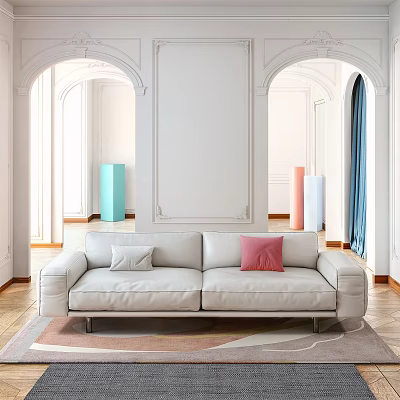 White Sectional Sofa With Light Gray And Pink Cushions Arched Doorways Wooden Floor Geometric Rug 3d model