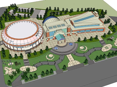 Modern Architectural Complex Featuring Circular Building Multi Story Structure And Landscaped Plaza Walkways 3d model