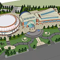 Modern Architectural Complex Featuring Circular Building Multi Story Structure And Landscaped Plaza Walkways