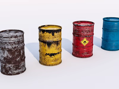 Industrial Equipment Storage Drums Various Colors Rusted Yellow Stained Red with Hazard Sign Blue 3d model