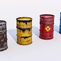 Industrial Equipment Storage Drums Various Colors Rusted Yellow Stained Red with Hazard Sign Blue